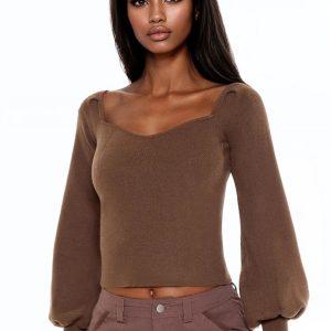 Gigot-Sleeve Sweater-Knit Crop Top