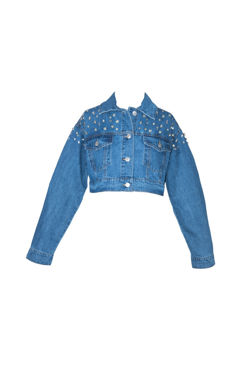Cropped Rhinestone Denim Jacket - Image 3