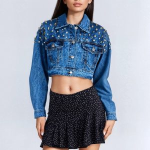 Cropped Rhinestone Denim Jacket