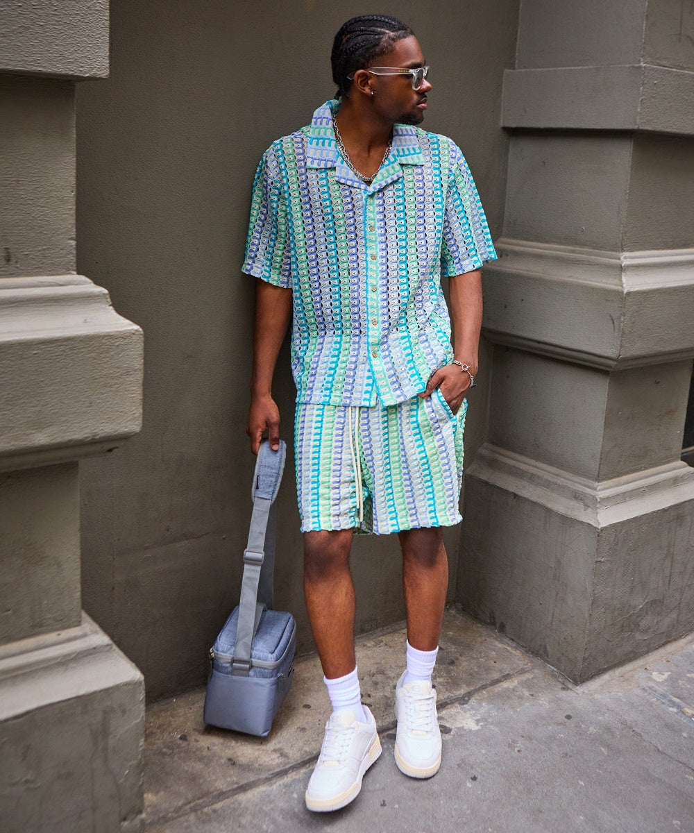 Textured Knit Short Sleeve Button Down Shirt - Light Blue - Image 33