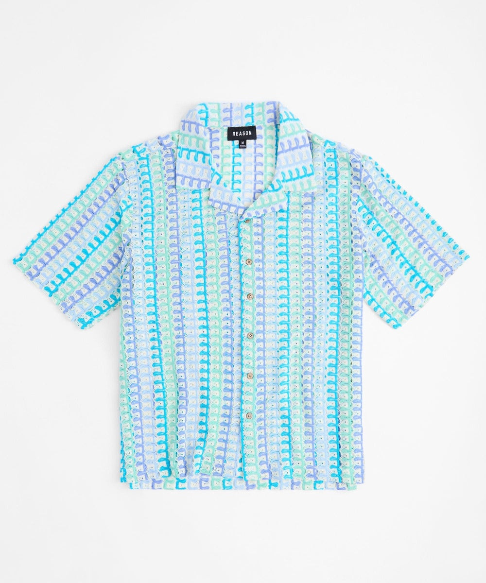 Textured Knit Short Sleeve Button Down Shirt - Light Blue - Image 6