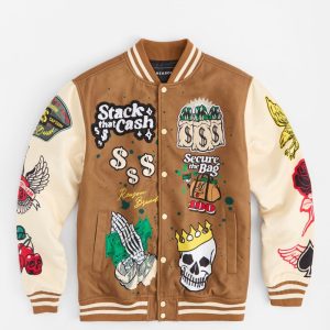 Cash Chenille Patched Varsity Jacket - Brown