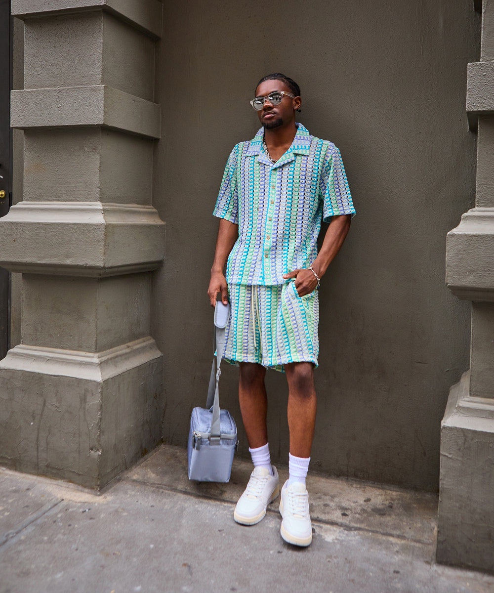 Textured Knit Short Sleeve Button Down Shirt - Light Blue - Image 37