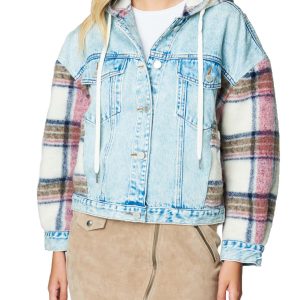 Hooded Denim & Plaid Patchwork Jacket