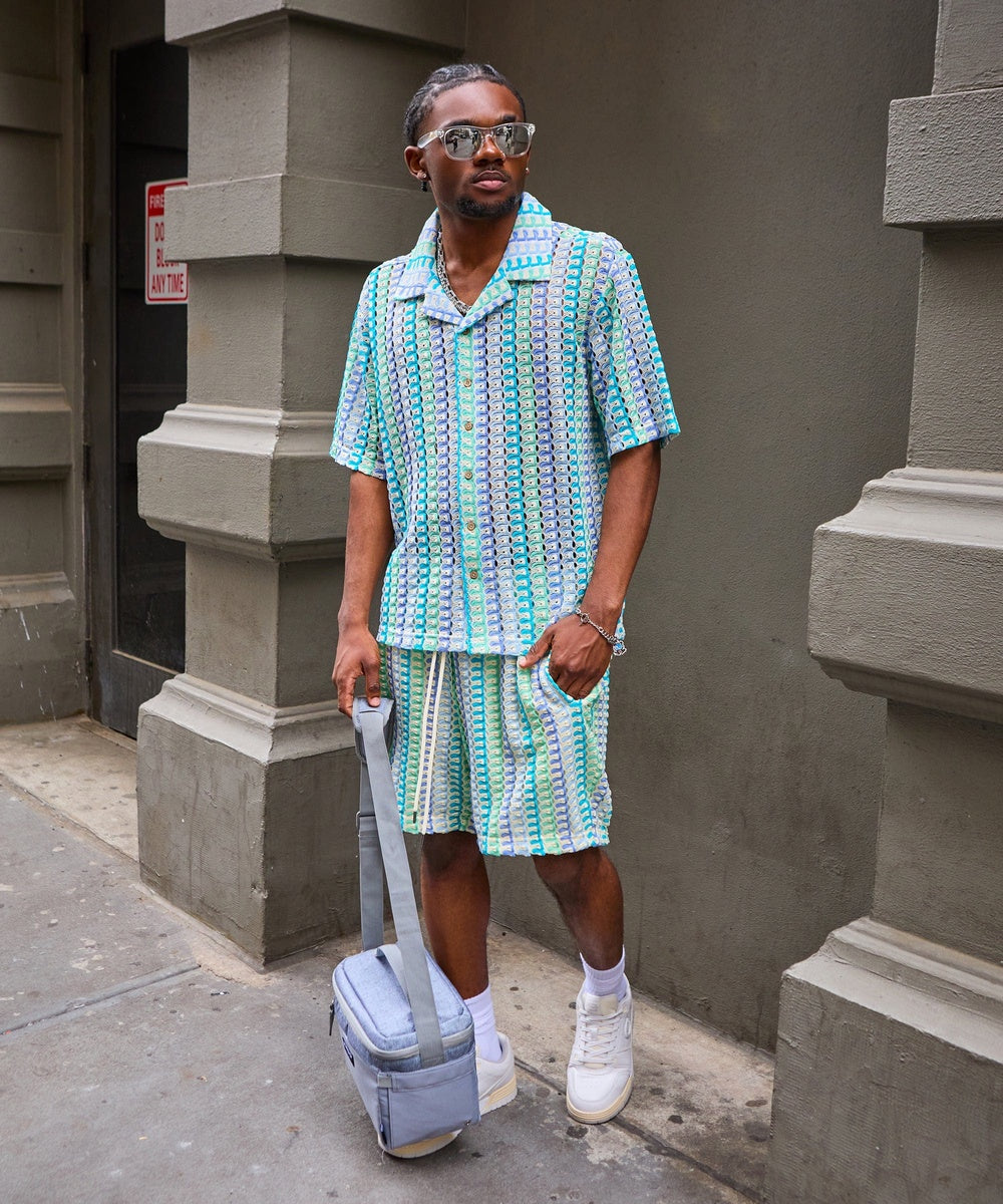 Textured Knit Short Sleeve Button Down Shirt - Light Blue - Image 36