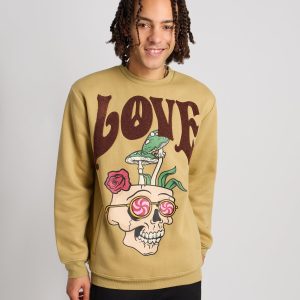 Love Hate Front and Back Chenille Patched Crewneck - Khaki