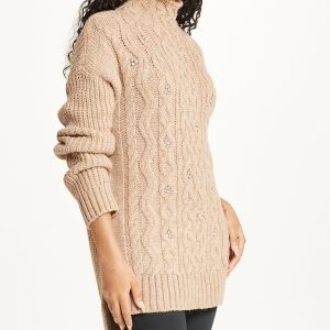 Bejewelled Cable Mock Neck Sweater