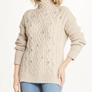 Bejewelled Cable Mock Neck Sweater