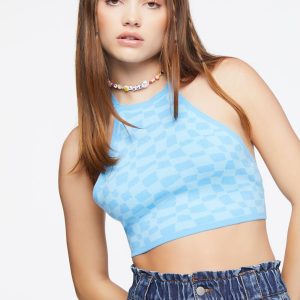 Checkered Sweater-Knit Halter Top