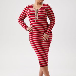 Plus Size Striped Lace-Up Sweater Dress