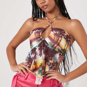 Tropical Mesh Halter Top