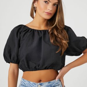 Puff-Sleeve Lace-Back Crop Top