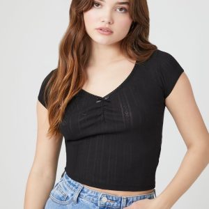 Cropped Pointelle Knit Tee
