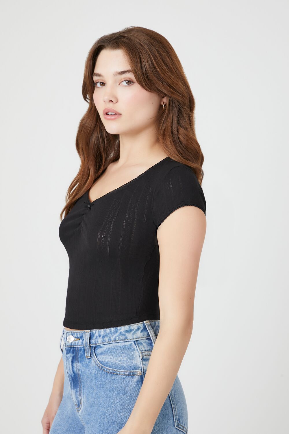 Cropped Pointelle Knit Tee - Image 2