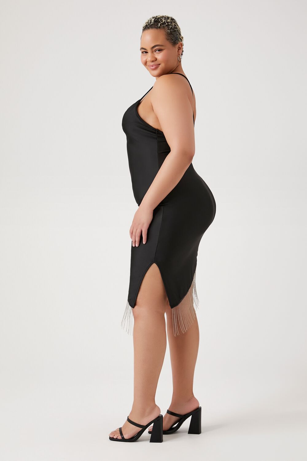 Plus Size Satin Asymmetrical Fringe Dress - Image 2