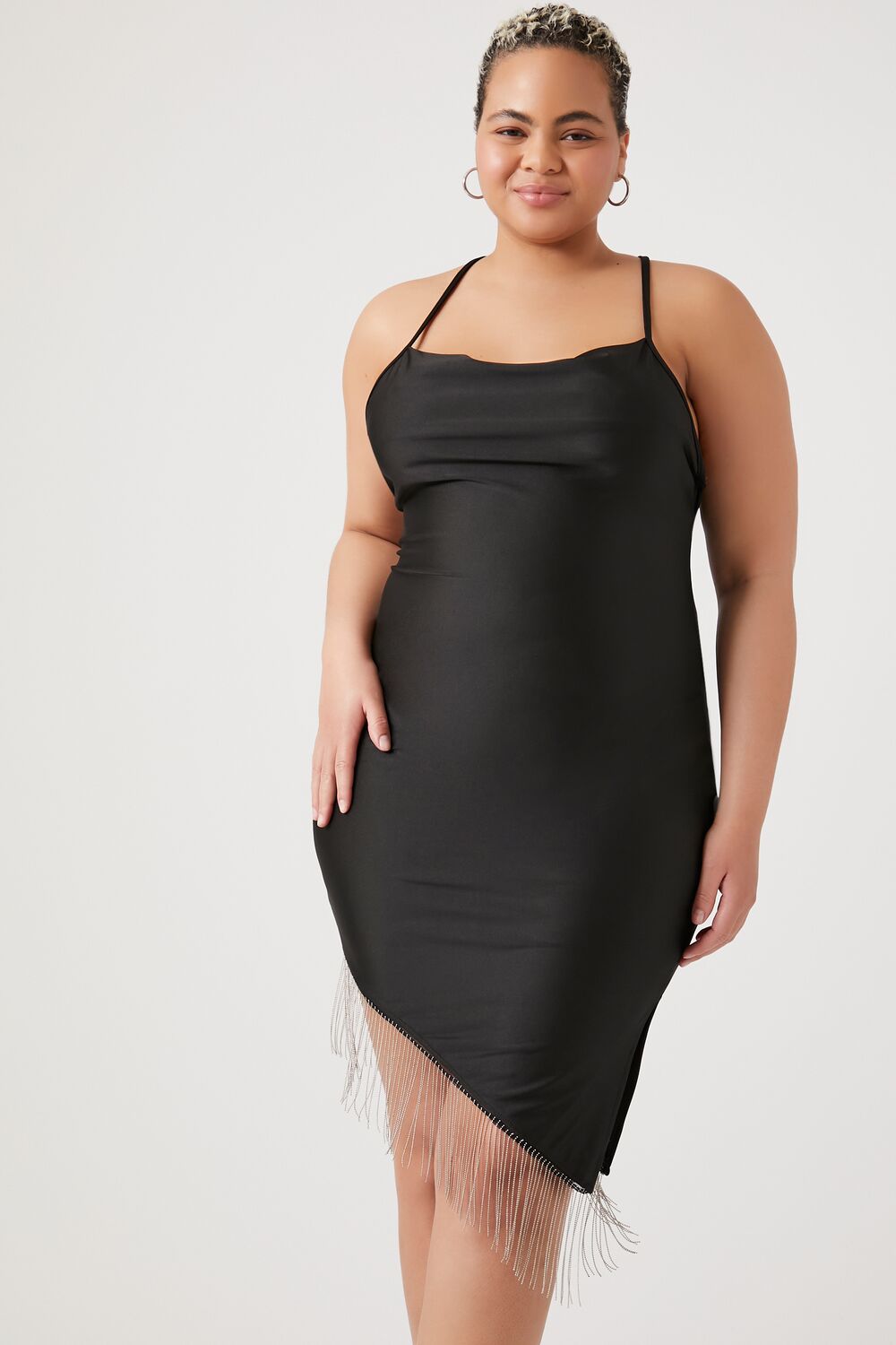 Plus Size Satin Asymmetrical Fringe Dress - Image 4