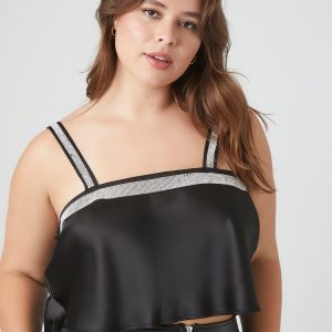 Plus Size Satin Rhinestone-Trim Crop Top