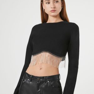 Rhinestone-Fringe Crop Top