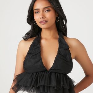 Mesh Ruffle Halter Crop Top