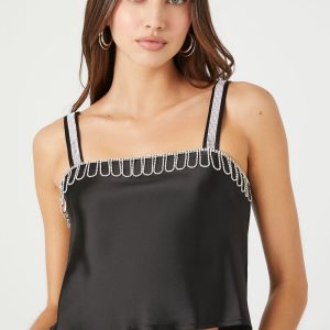 Satin Rhinestone-Trim Cropped Cami