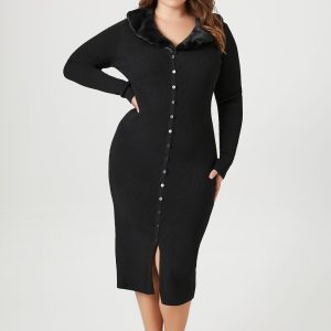Plus Size Faux Fur-Trim Sweater Midi Dress