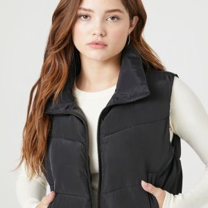 Chevron Funnel Neck Puffer Vest