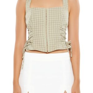 Gingham Lace-Up Crop Top