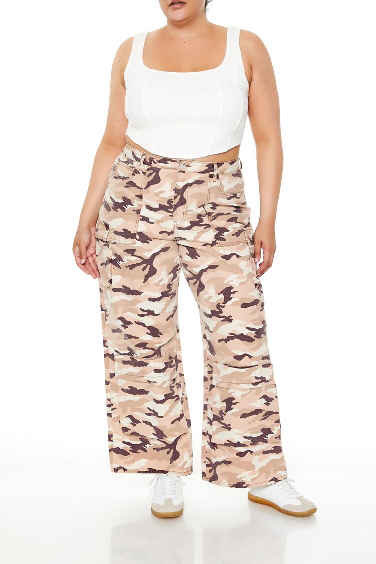 Plus Size Leaf Print Cargo Pants