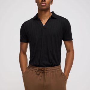 Ribbed Open V-Neck Polo Shirt