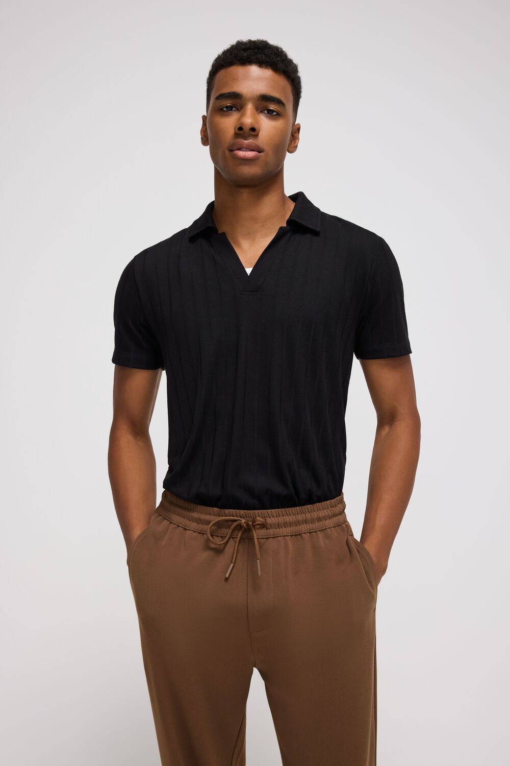 Ribbed Open V-Neck Polo Shirt