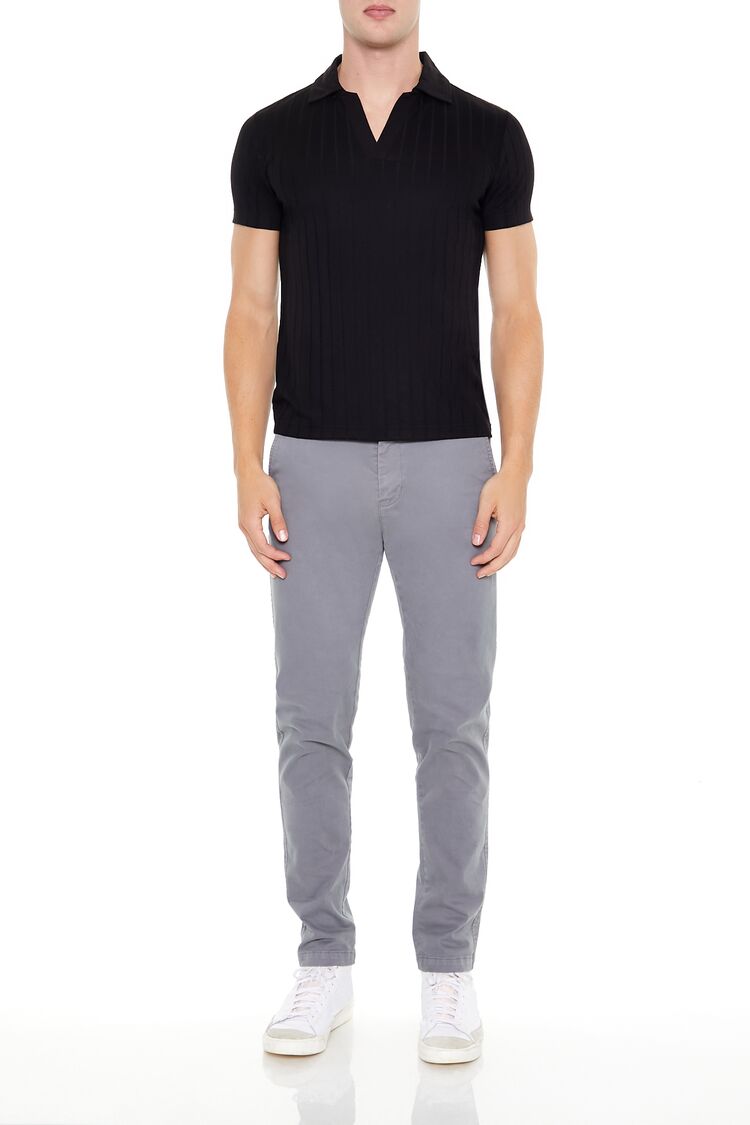 Ribbed Open V-Neck Polo Shirt - Image 2