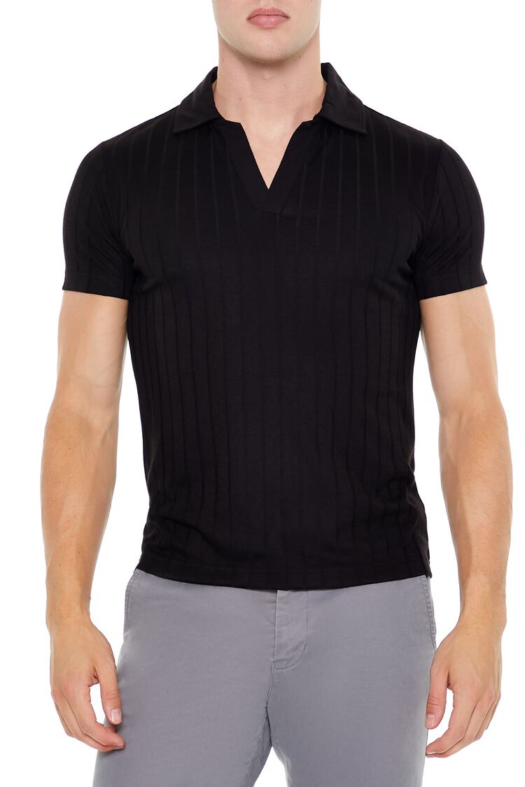 Ribbed Open V-Neck Polo Shirt - Image 6