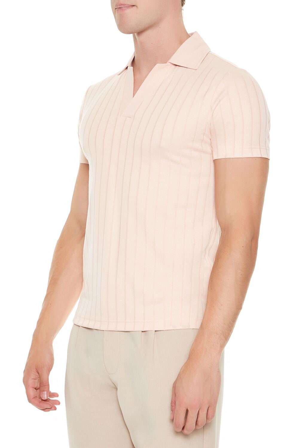 Ribbed Open V-Neck Polo Shirt - Image 9