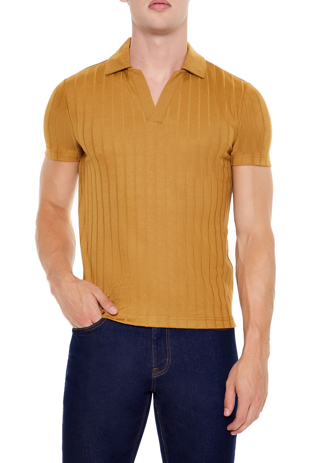 Ribbed Open V-Neck Polo Shirt - Image 12