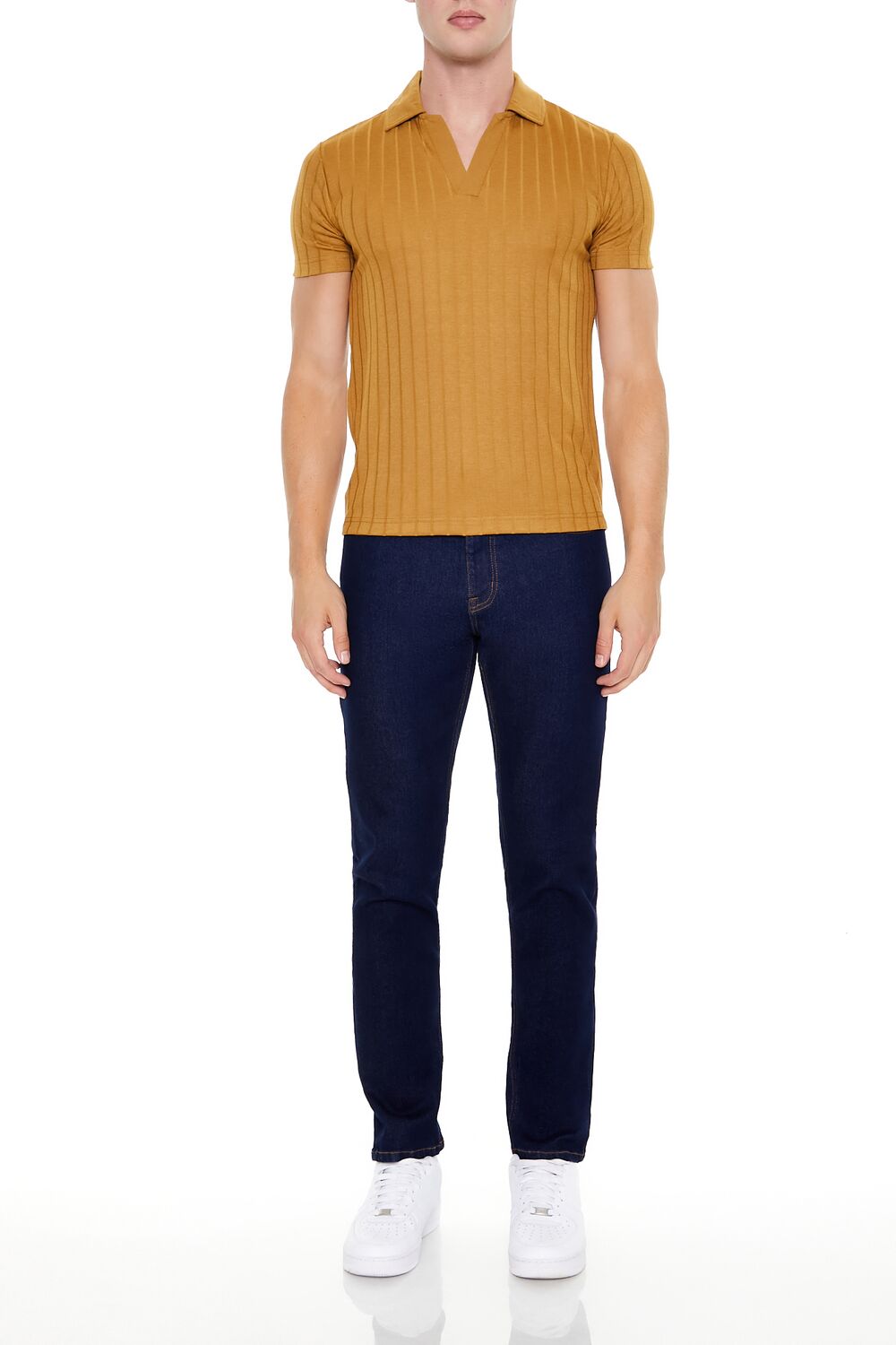 Ribbed Open V-Neck Polo Shirt - Image 13