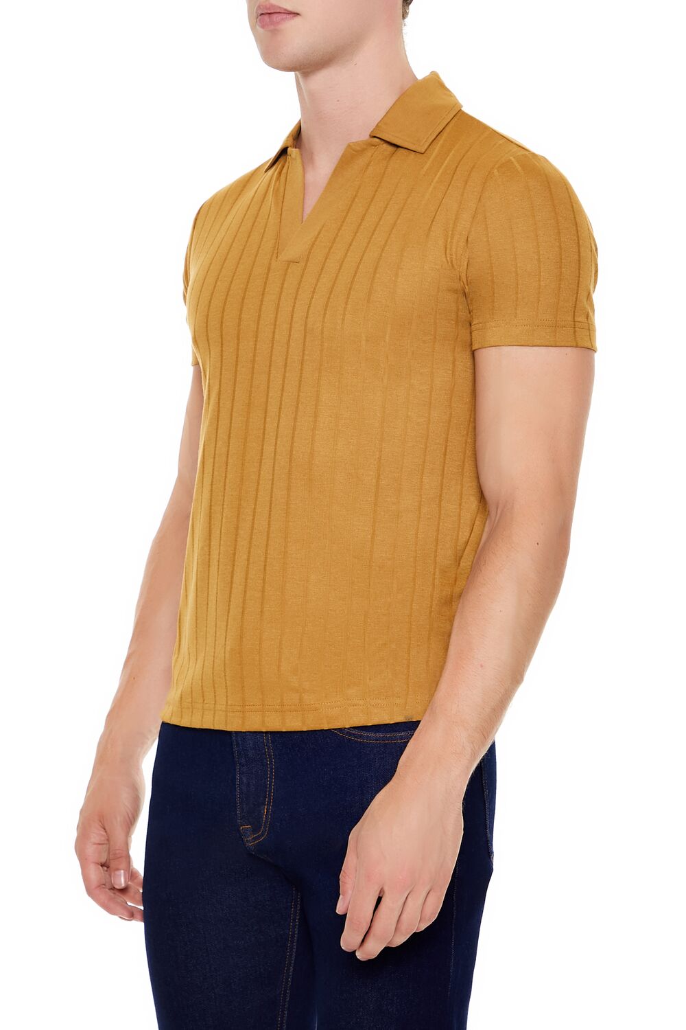 Ribbed Open V-Neck Polo Shirt - Image 14
