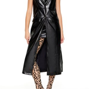 Notched Faux Leather Longline Vest