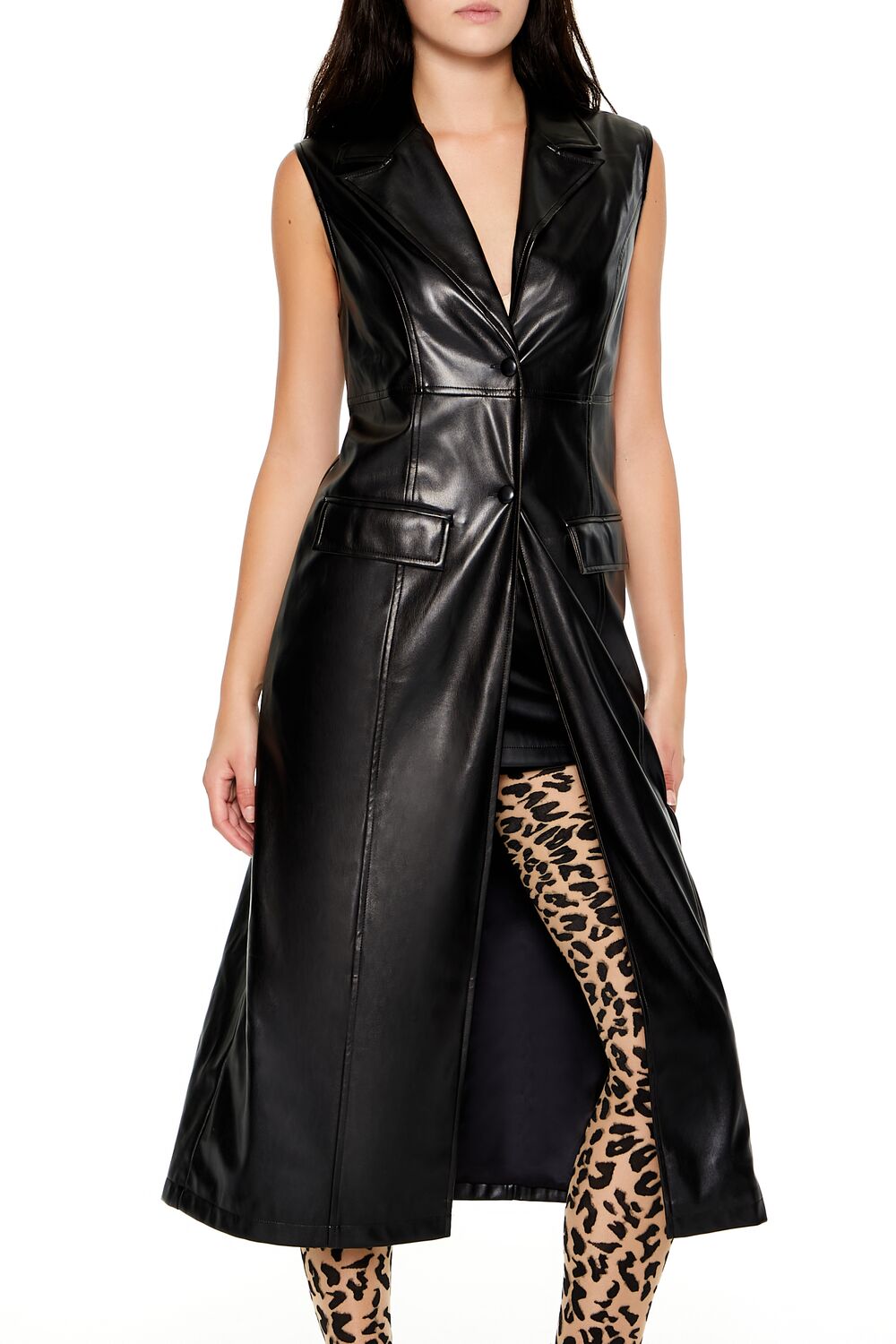 Notched Faux Leather Longline Vest - Image 2