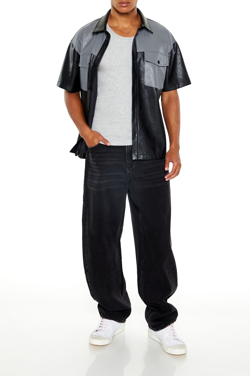 Faux Leather Colorblock Shirt - Image 2