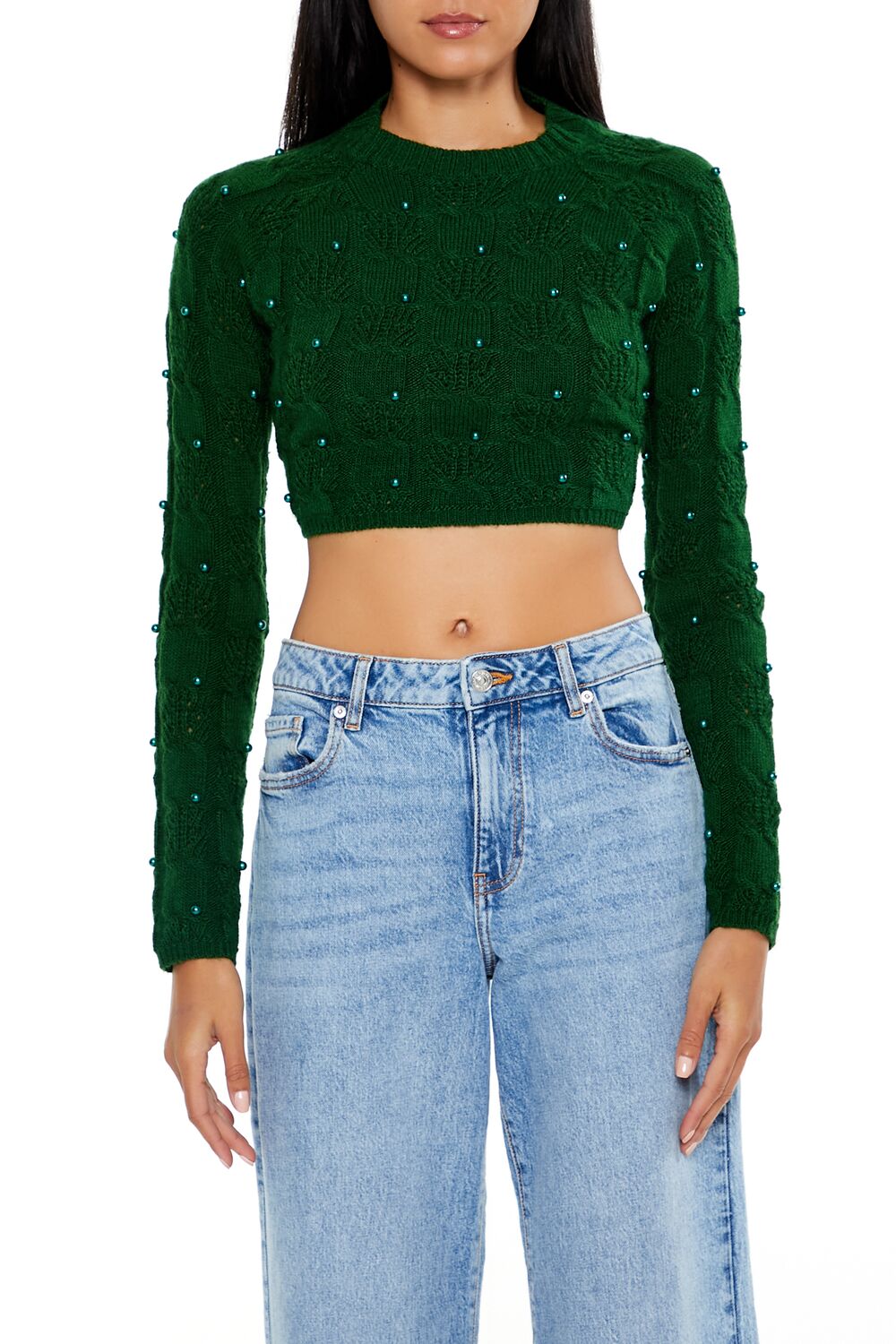 Beaded Cropped Cable Knit Sweater - Image 6