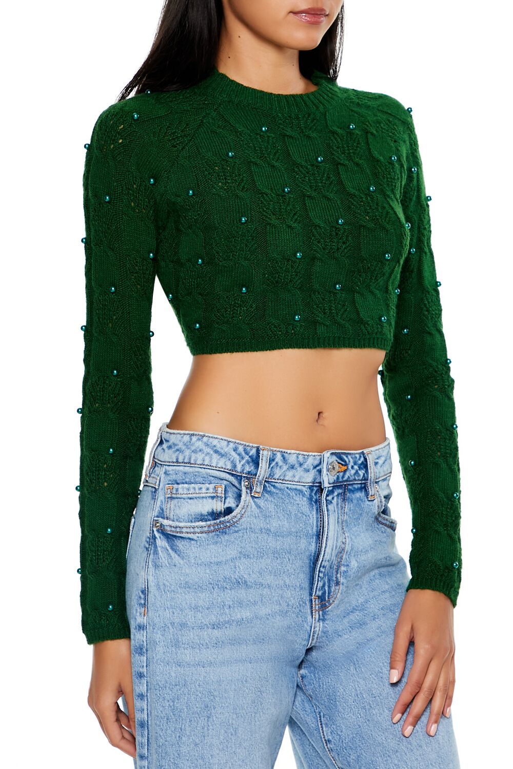 Beaded Cropped Cable Knit Sweater - Image 9