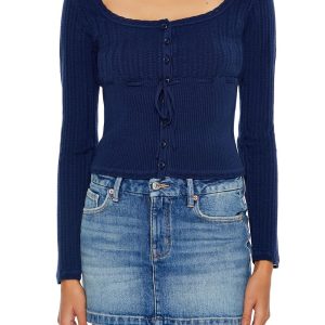 Tie-Front Pointelle Knit Sweater