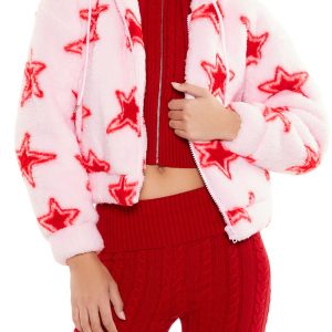 Faux Shearling Star Print Hoodie