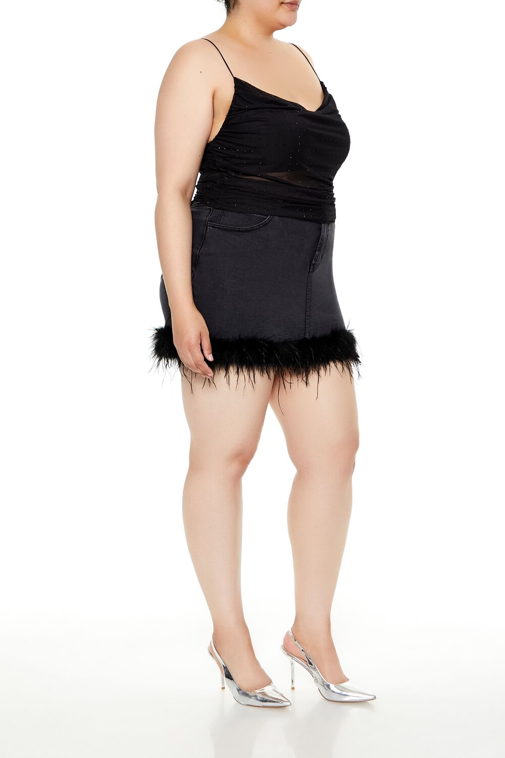 Plus Size Faux Feather Denim Mini Skirt - Image 3