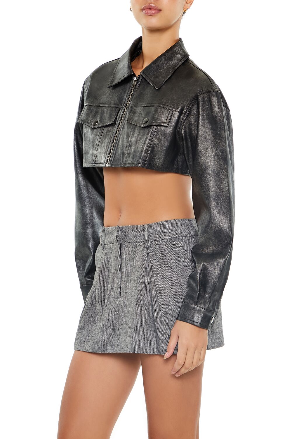 Cropped Metallic Moto Jacket - Image 3