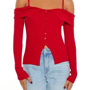 Open-Shoulder Sweater-Knit Top