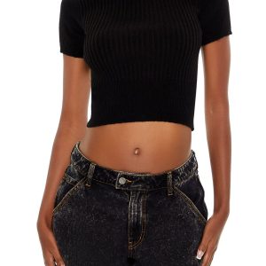 Sweater-Knit Mock Neck Crop Top