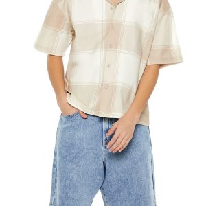 Plaid Drop-Sleeve Cropped Shirt