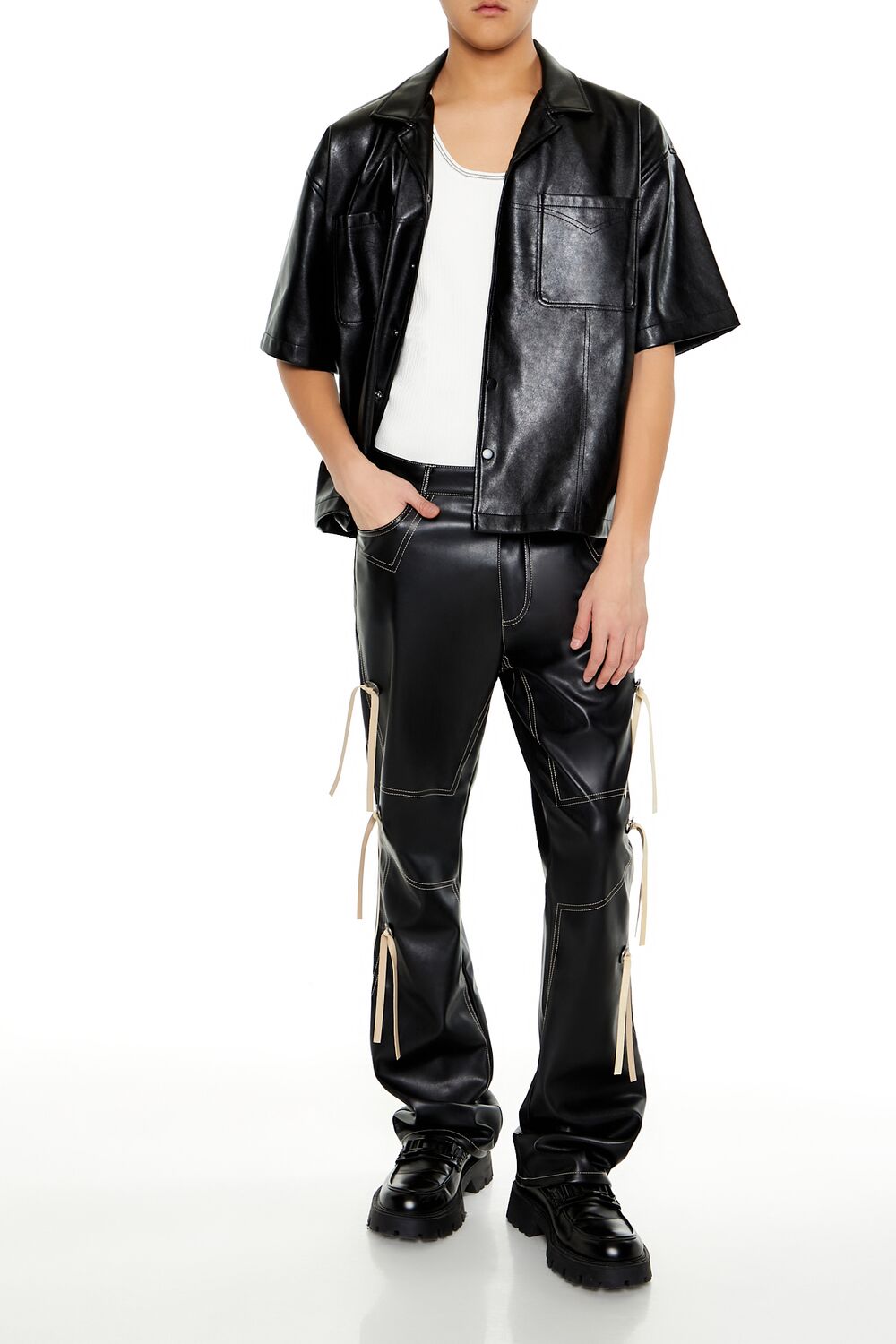 Two-Tone Faux Leather Flare Pants