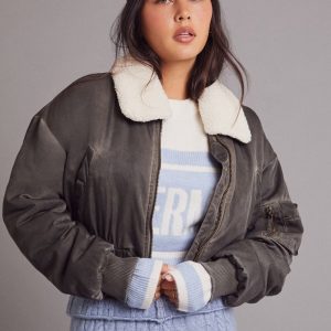 Oil Wash Cropped Bomber Jacket